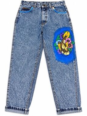 Vintage Lee Hand Painted Koi Fish Jeans Women’s 8 Petite Acid Wash Art Denim